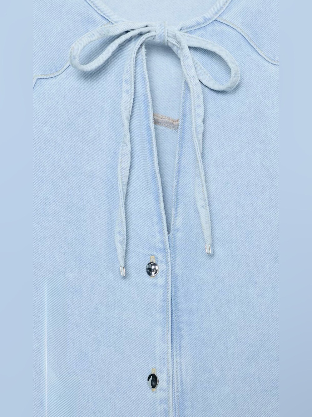 Zara Light Blue Soft Denim Tie-Neck Button Down Shirt Large NWT - Picture 4 of 13